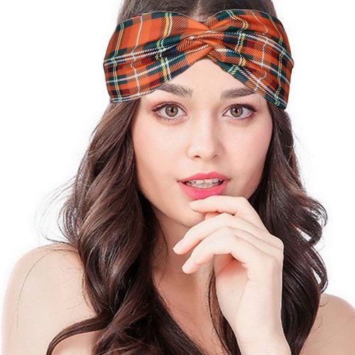 Woration Headbands for Women, Orange Plaid Hairband Girls Hand Band Sports Yoga Headscarves Twisted Knotted Headwrap Elastic Headwear Head Wrap