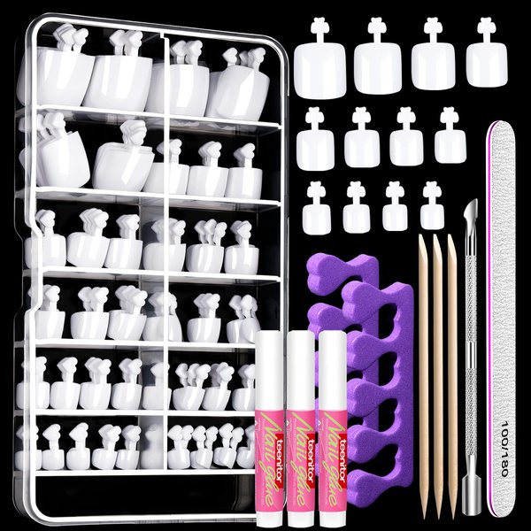 Teenitor White Press on Toenails for Women with Nail Glue, 120pcs White Toe Nail Press ons Acrylic Toenail Kit, Toe Nail Tips Square, Fake Toe Nails Glue on Toe, False Toenails for Missing Toenail