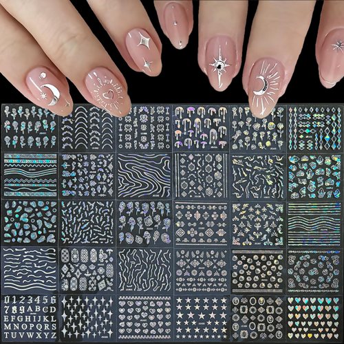90 Sheets Silver Nail Art Stickers Holographic Laser Silver Nail Decals 3D Self Adhesive Nail Stickers for Nail Art Designs Star Line Flower Nail Supplies for Women Nail Decoration with Nail Tweezer