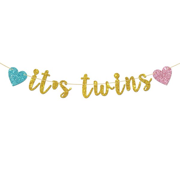 It's Twins Banner - Gold Glitter Baby Shower Bunting Gender Reveal Party for Babies Twin Decorations Supplies