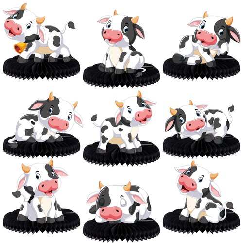 9 Pcs Cow Honeycomb Centerpieces Farm Animals Cow Table Topper Honeycomb 3D Table Decoration Barnyard Paper Fan Cow Cutouts for Children's Party Western Cowboy Baby Shower Wedding Party Supplies