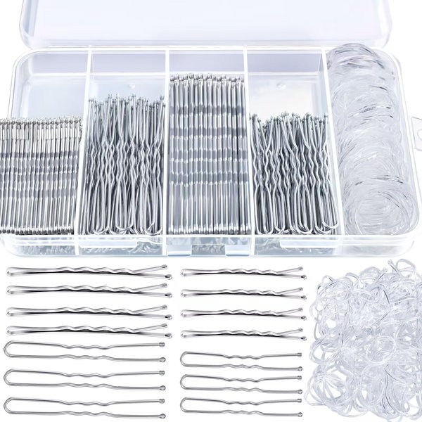 Teenitor 300pcs Silver Bobby Pins Hair Pins Kit, 100pcs Bobby Pins 100pcs Hair Pins for Women, Hair Pins for Buns and 100pcs Hair Bands, Hair Pin 2" 2.36", Silver Bobby Pins for Gray Hair 2" 2.75"
