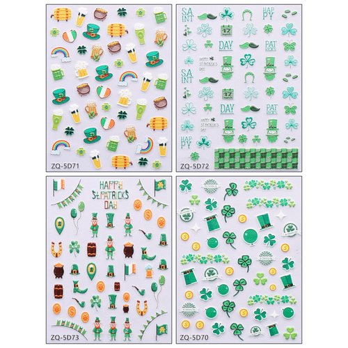 JMEOWIO 3D Embossed St Patricks Day Nail Art Stickers Decals Self-Adhesive Pegatinas Uñas 5D Green Clover Gold Hat Nail Supplies Nail Art Design Decoration Accessories 4 Sheets