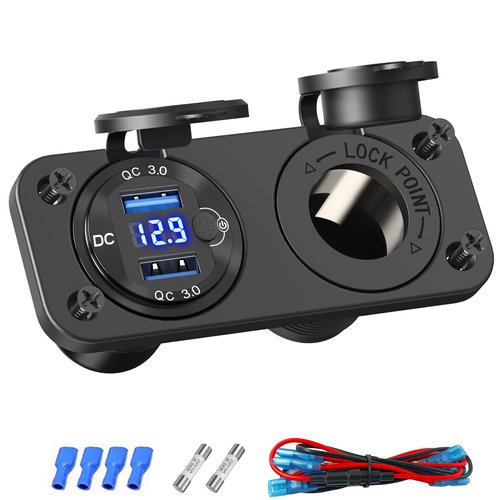 Cigarette Lighter Socket 12V Power Outlet, Qidoe Aluminum 40W Dual QC3.0 USB Charger Socket with LED Voltmeter Switch,150W DC Lighter Socket Waterproof 12V Plug Panel for Car Boat RV Marine Golf Cart