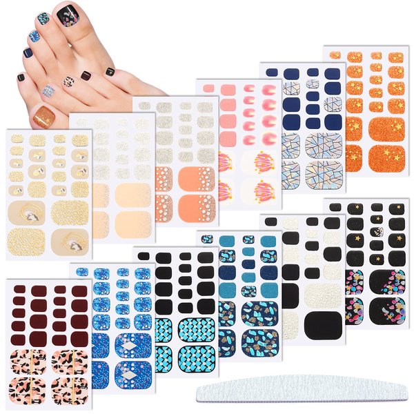 264 Pieces 12 Sheets Full Wraps Toenail Polish Stickers Mermaid Design Toenail Art Polish Stickers Strips Glitter Self-Adhesive Toenail Art Decals with Nail File for Women Girls (Dreamy Style)