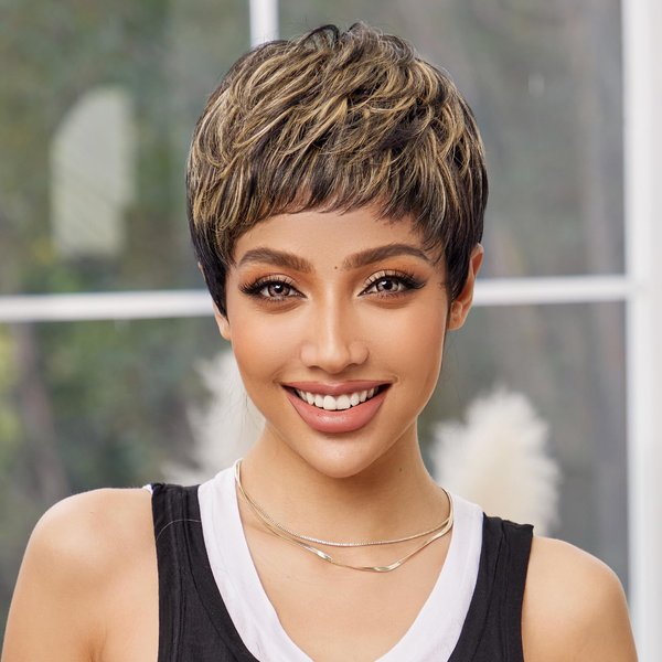HAIRCUBE 1B mixed Blonde Pixie Cut Wigs for Women Pixie Cut Human Hair Wigs Short Remy Hair Black mixde Blonde Color Short Black Layered Wavy Wigs (pixie cut wig, black mix blonde)