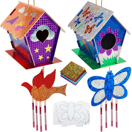 Jamboa Kids Crafts for Ages 6-14, 2 Pack Montessori Bird House/Foil/Wind Chime/Stickers, Genius Designer DIY Birdhouse Wooden Art Set, Idea Birthday for Girl Boy Children 6 7 8 9 10 Year Old