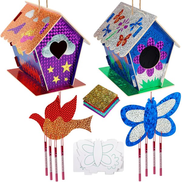 Jamboa Kids Crafts for Ages 6-14, 2 Pack Montessori Bird House/Foil/Wind Chime/Stickers, Genius Designer DIY Birdhouse Wooden Art Set, Idea Birthday for Girl Boy Children 6 7 8 9 10 Year Old