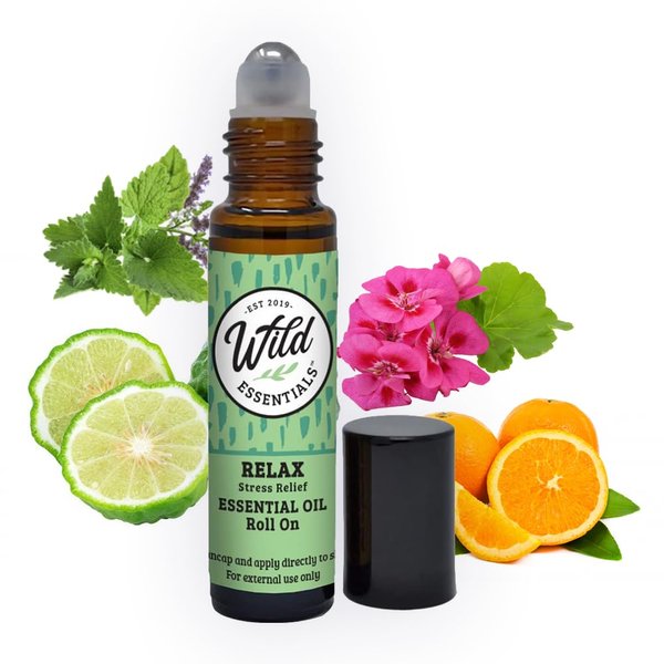 Wild Essentials Relax Essential Oil Roll On, 10ml for Calming, Anti-Stress, Meditation, Made With 100% Pure, Premium Grade Essential Oils and Organic Jojoba oil, Ready To Use, Moisturizer, All Natural