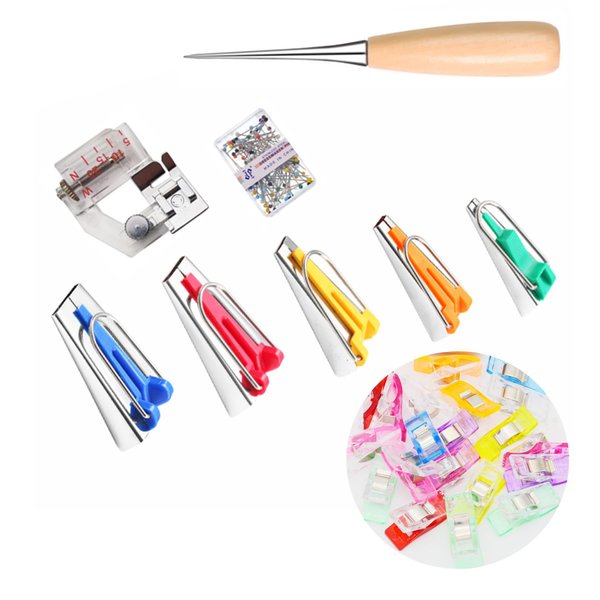 Bias Tape Maker 5 Sizes with 20 Pcs Sewing Clips, 50 Pcs Ball Point Pins,Sewing Machine Presser Foot for Fabric Sewing and Quilting