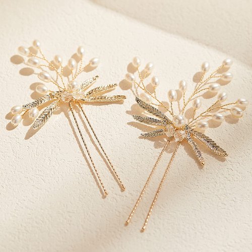 AW BRIDAL 2Pcs Wedding Hair Pins Pearl Bridal Hair Pieces Pins Bridal Hair Comb Clip for Wedding Hair Accessories for Brides Bridesmaids(Gold)