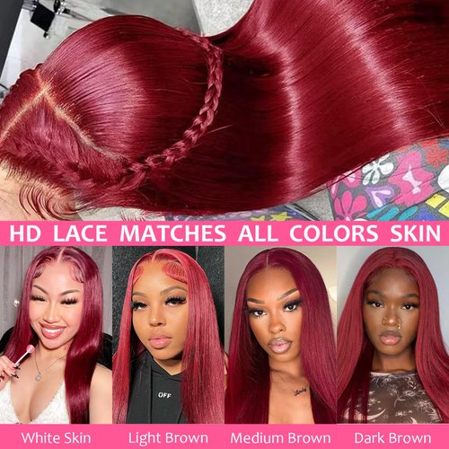 MENTOR 99J Burgundy Lace Front Wigs Human Hair 28 inch, 13x4 HD Transparent Lace Frontal Wig Silky Straight Pre Plucked with Baby Hair, 200% Density Wine Red Colored Wig for Women