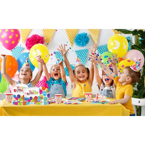 Happy Birthday Decorations Happy Birthday Party Tableware Includes Happy Birthday Paper Plates and Napkins Confetti Rainbow Balloons for Kid's Happy Birthday Party Supplies Serves 16
