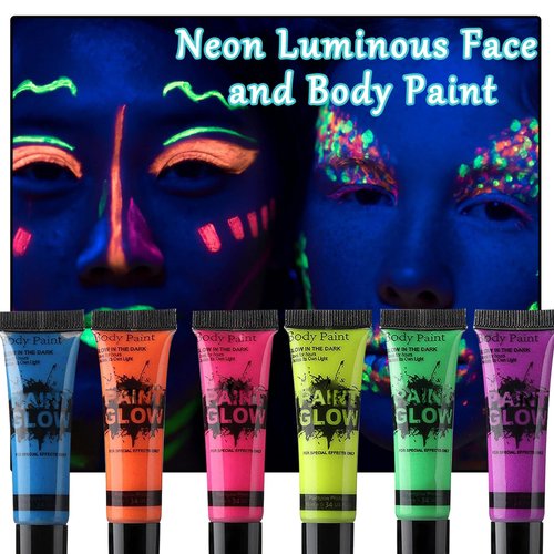 Glow in the Dark Face Body Paint Set,Set of 6 Blacklight Neon Colors Fluorescent Body Paint Set,Halloween Face Painting Kit for Festivals Parties Supplies Stage Events Cosplay Christmas