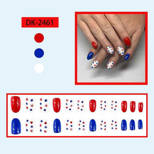 24Pcs Independence Day Press on Nails Short Almond Red Blue Fake Nails 4th of July False Nails with Star Designs Press on Nails Reusable Glossy Acrylic Nails Full Cover Stick on Nails for Women