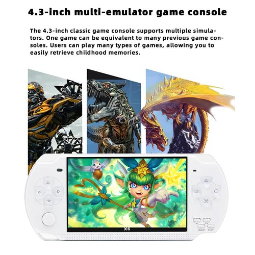 JXD Handheld Game Console 4.3 inch 8GB Built in 2000 Games for Multiple Simulators X6 Retro Video Game Console Mp3/4/Ebook TV Out Mini Hand Portable Game Player Device Holiday (White)