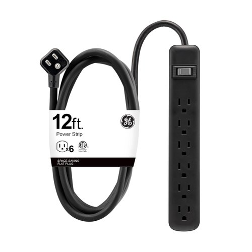 GE 6-Outlet Power Strip, 12 Ft Extension Cord, Flat Plug, Grounded, Integrated Circuit Breaker, 3-Prong, Wall Mount, UL Listed, Black, 45192
