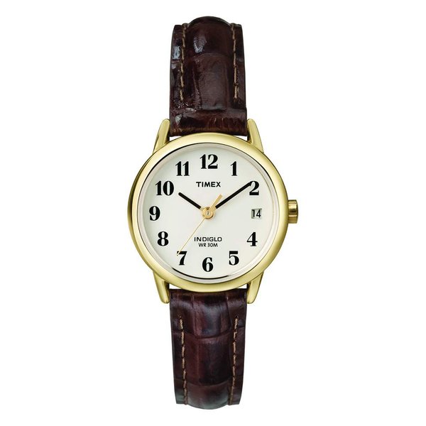 Timex Women's Easy Reader 25mm Watch – Gold-Tone Case Natural Dial with Brown Croco Leather Strap