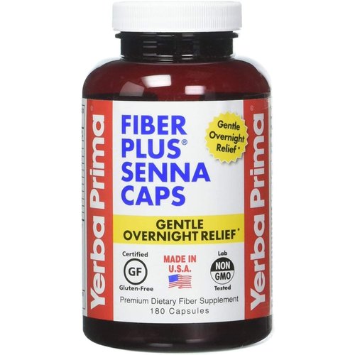 Yerba Prima Fiber Plus Senna Capsules, 180 Count - Gentle Overnight Relief, USA Made, Non-GMO, Gluten-Free
