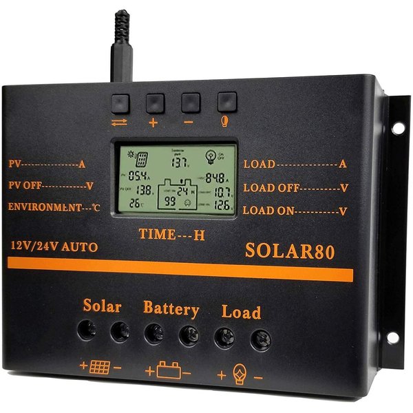 Solar Charge Controller 80A PWM 12V 24V 1920W Solar Panel Charger Discharge Regulator with 5V USB Output Multip Circuit Protection Anti-Fall Durable ABS Housing Discharge Regulator for Lighting System