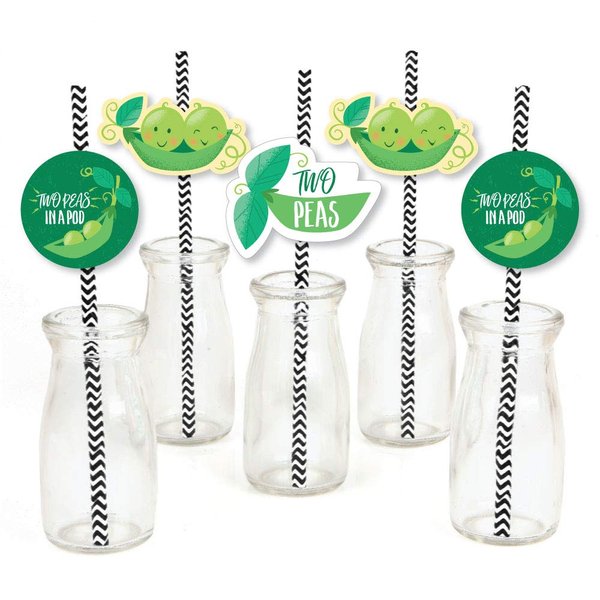 Big Dot of Happiness Double the Fun - Twins Two Peas in a Pod - Paper Straw Decor - Baby Shower or First Birthday Party Striped Decorative Straws - Set of 24