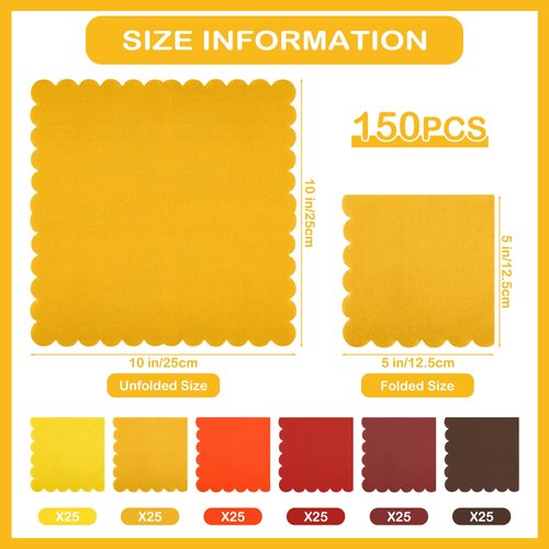 durony 150 Pack Scalloped Napkins 5 x 5 Inch Disposable Paper Napkins Gradient Color Napkins with Scalloped Edges for Dinner Wedding Birthday Party Supplies, Autumn Color