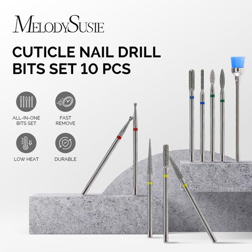 MelodySusie 10pcs Nail Drill Bits Set, 3/32 Inch Diamond Cuticle Nail Bits Kit for Nail Drill E-File, Manicure Pedicure Remover Tools for Acrylic Gel Nails, Salon Home Nail Care Supplies, Silver