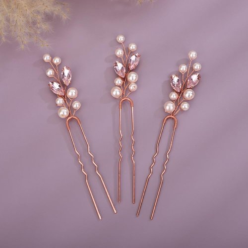 Teyglen 3pcs Pearl Wedding Hair Pins Bridal Pink Crystal Pearl Hair Pins Clips Handmade Blue Red Pink Rhinestone Hair Piece Party Wedding Hair Accessories for Women Girls (Pink)
