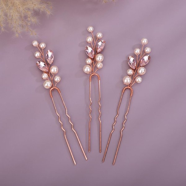 Teyglen 3pcs Pearl Wedding Hair Pins Bridal Pink Crystal Pearl Hair Pins Clips Handmade Blue Red Pink Rhinestone Hair Piece Party Wedding Hair Accessories for Women Girls (Pink)