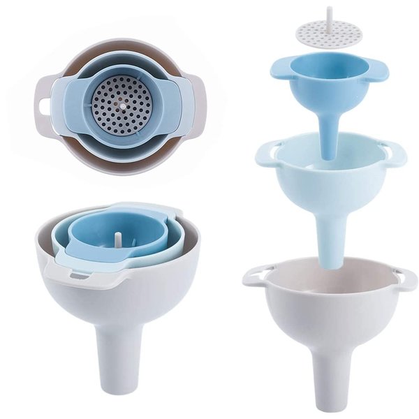 NZKNP 4 in 1 Kitchen Funnel Set - BPA-Free, 3 Sizes, Detachable Strainer, Easy to Clean & Store
