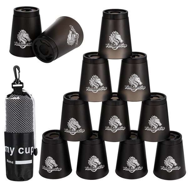 yeesport 12 Pcs Sport Stacking Cups, Speed Training Game for Challenge Competition, Plastic Stacking Cups, Classic Family Game for Kids and Adults, Black