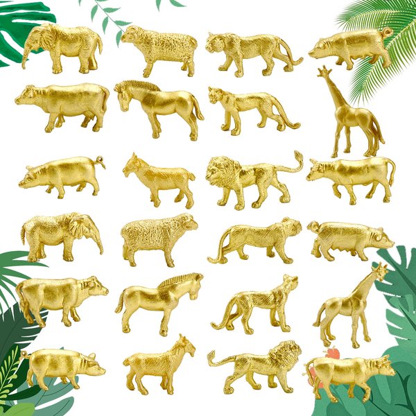 Doryfew 24Pcs Gold Safari Animals Figurines, Plastic Zoo Animal Figures with Horse, Lion, Elephant, Giraffe for Jungle Animal Themed Birthday Party, Shower Decor…