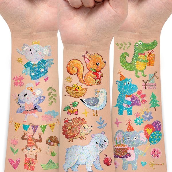 EMOEM Glitter Tattoos for Kids, 14 Sheets Temporary Tattoo Kids Stickers Toys, Party Favors Goodie Bags Games Accessories for Boys and Girls (Animal)