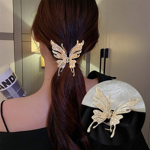 MJartoria Butterfly Hair Shark Clips for Women Girls, Metal Hair Claws, Diamond Shark Clips, Gold Silver Hair Clips, Powerful Hold Hair Shark Clips (Gold+Gold)