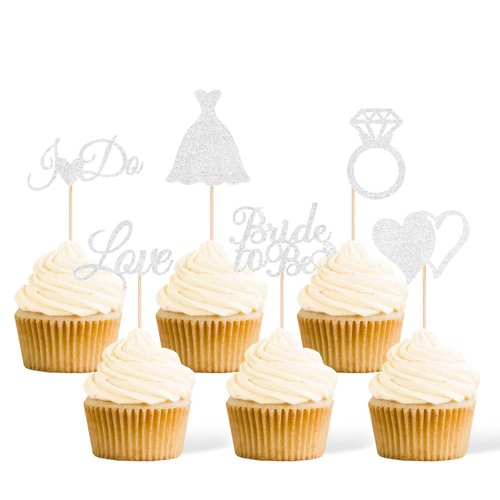 Gexolenu 24 Pcs Bride To Be Cupcake Toppers Silver Glitter Double-Sided I Do Love Heart Diamond Ring Cupcake Picks Decorations For Bridal Shower Wedding Engagement Party Supplies