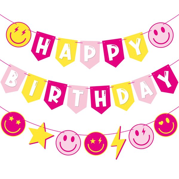 Preppy Birthday Party Banners Preppy Birthday Decoration 3Pcs Pink and Yellow Preppy Smiley Face Happy Birthday Banners for Preppy Smile Face Star Lightning Theme Party Baby Shower Supplies
