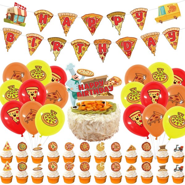 Pizza Theme Birthday Decoration Pizza Party Supplies with Happy Birthday Banner Cake Cupcake Toppers Balloons for Kids Boys Girls Birthday Baby Shower