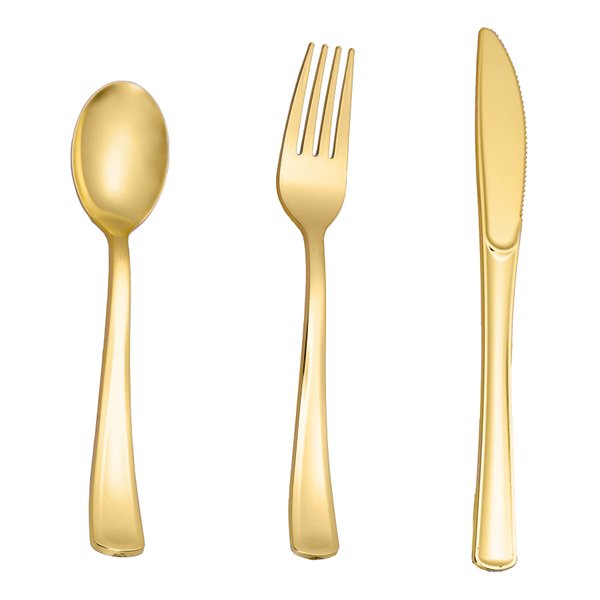 N9R 60pcs Gold Plastic Silverware - Gold Plastic Cutlery Set Disposable Flatware Dinnerware -30 Gold Forks, 15 Gold Spoons, 15 Gold Knives for Party, Birthday, Wedding Gold Utensils