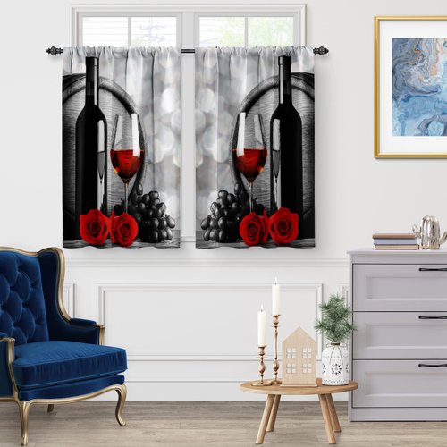 Jekeno Wine Red Rose Kitchen Curtains: Romantic Flower Art Printed Short Cafe Curtain Decor for Dining Room Tier Half Curtains Country Farm Decor Rod Pocket Window Drapes 36 Inch Length 2 Panels Set