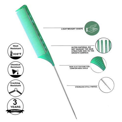Vellen Hair Professional 9 Inch rat tail combs for hair stylists, PEI Material 430°F Heat Resistant and Antistatic, Pin tail comb with Long stainless steel for parting, styling and highlighting - 3 Pack (Green-Transparent)