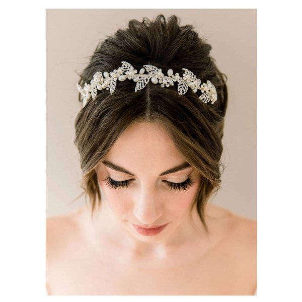 SWEETV Pearl Bridal Headband Silver Tiara for Bride Headpiece Crystal Leaf Wedding Hair Accessories Jewelry Tiaras for Women