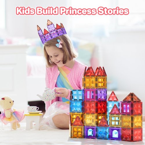 Asago Magnetic Tiles Princess Castle Toys for Girls Kids Ages 1-3,3-5 4-8 8-12, Diamond Magnet Building Blocks Birthday Set for 3 4 5 6 Toddlers Girl, Stem Educational Toddler Toy