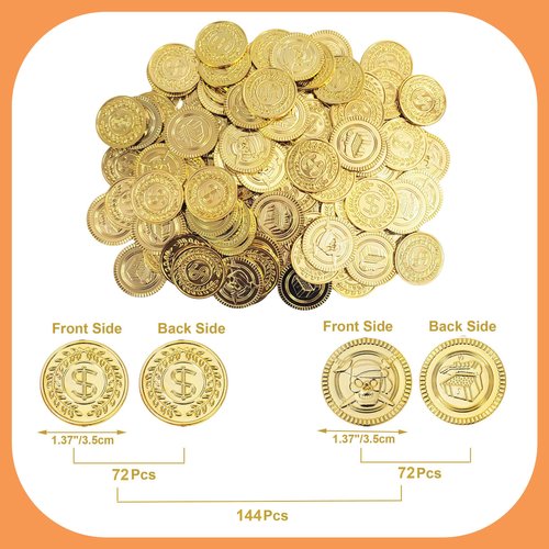 144 Pcs Fake Gold Coins - Plastic Pirate Gold Coins for Kids - Perfect for Pirate Themed Parties, Games, and Treasure Hunts(3 Pattern)