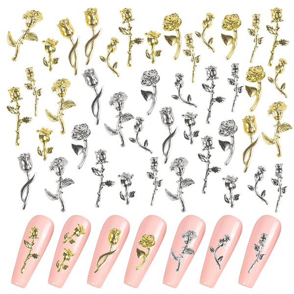 QXUJI 3D Rose Nail Art Charms, Flowers Rose Buds Nail Art Accessories Decoration, Metal Alloy Nail Art Decals, for Girls Women DIY Nail Design Craft Jewelry Making, Gold and Silver, 7 Styles