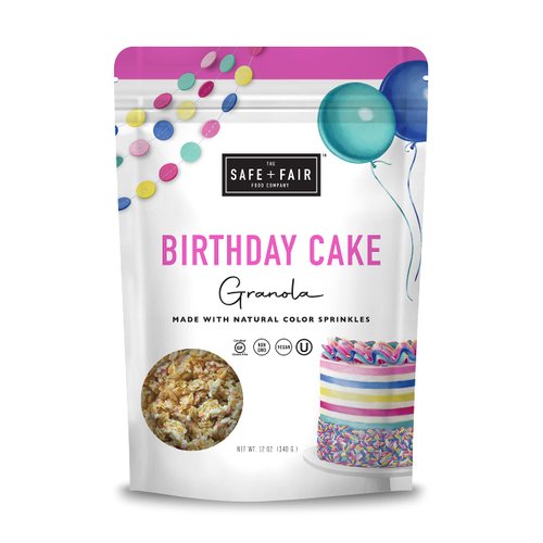 Safe + Fair Birthday Cake Granola - Gluten-Free, Dairy Free and Vegan Breakfast, Snack or Dessert - Free From Top 9 Allergens, Trans Fat and Artificial Ingredients – Non GMO, 12oz