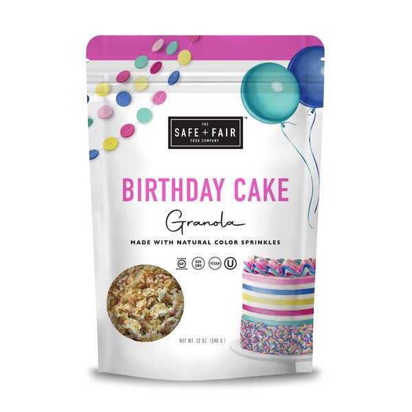 Safe + Fair Birthday Cake Granola - Gluten-Free, Dairy Free and Vegan Breakfast, Snack or Dessert - Free From Top 9 Allergens, Trans Fat and Artificial Ingredients – Non GMO, 12oz