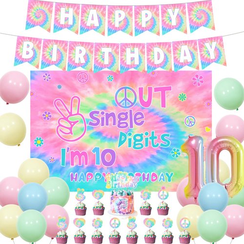 Tie Dye 10th Birthday Decorations for Girls, Peace Out Single Digits I’m 10 Pastel Macarons Backdrop Balloons 60s 70s Hippie Theme Tenth Birthday Party Supplies for 10 Year Old Girl