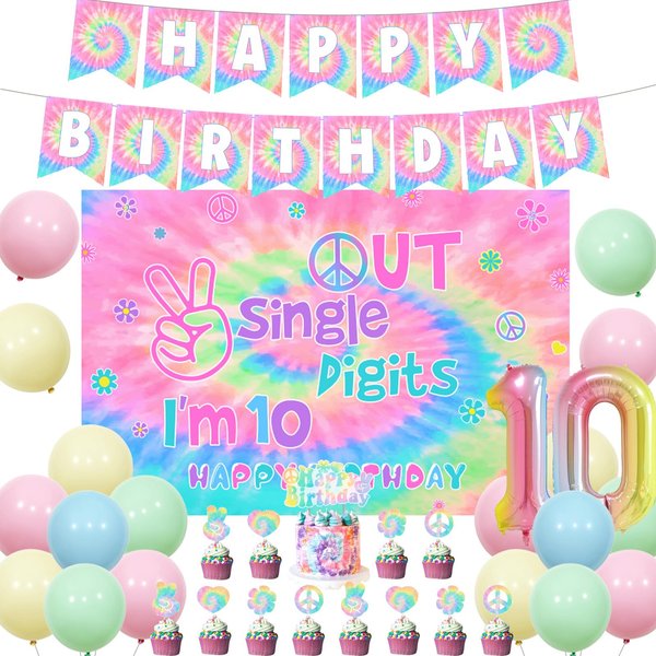 Tie Dye 10th Birthday Decorations for Girls, Peace Out Single Digits I’m 10 Pastel Macarons Backdrop Balloons 60s 70s Hippie Theme Tenth Birthday Party Supplies for 10 Year Old Girl