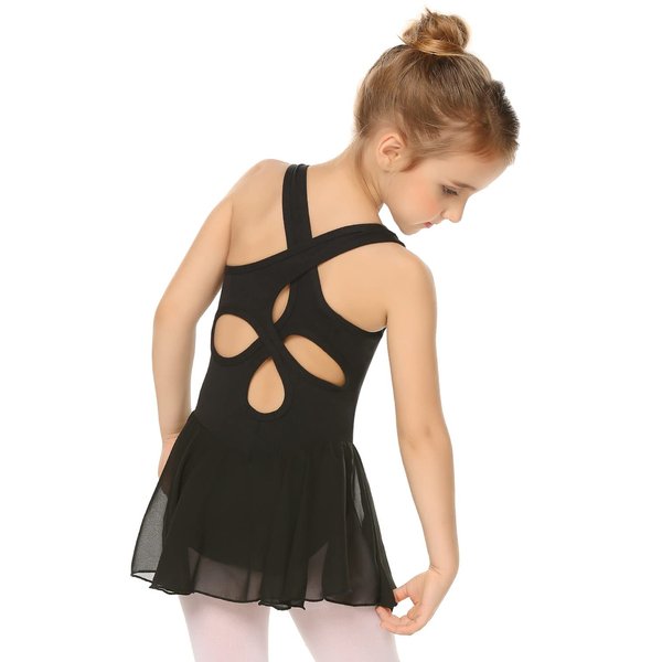 Arshiner Kid Girls Hollow Back Ballet Leotard with Skirt Sleeveless Dance Dresses Black