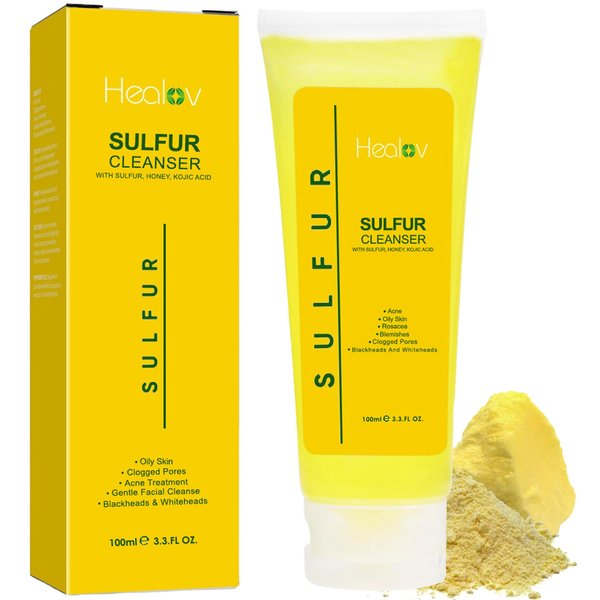 Healov Sulfur Soap – Sulfur Face & Body Wash for Acne – Sulphur Exfoliating Facial Cleanser Absorbs Excess Oil, Reduces Breakouts, & Cleanses Skin – Natural Cystic Acne, Rosacea Skin Care Treatment